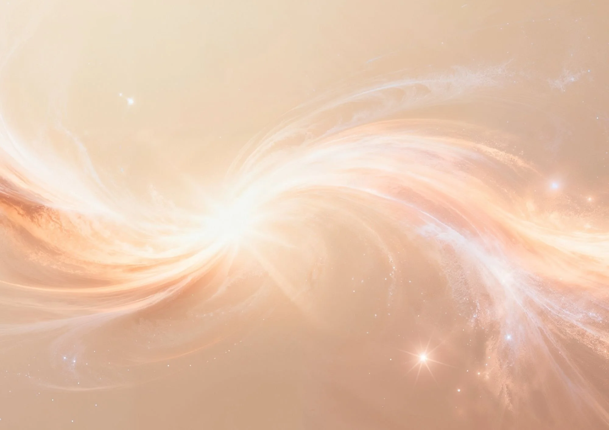 Ein holografisches, leuchtendes Wirrwar aus Nebeln und Sternen im All in warmen Gold- und Orangetönen, das die Entstehung und das Universum symbolisiert.