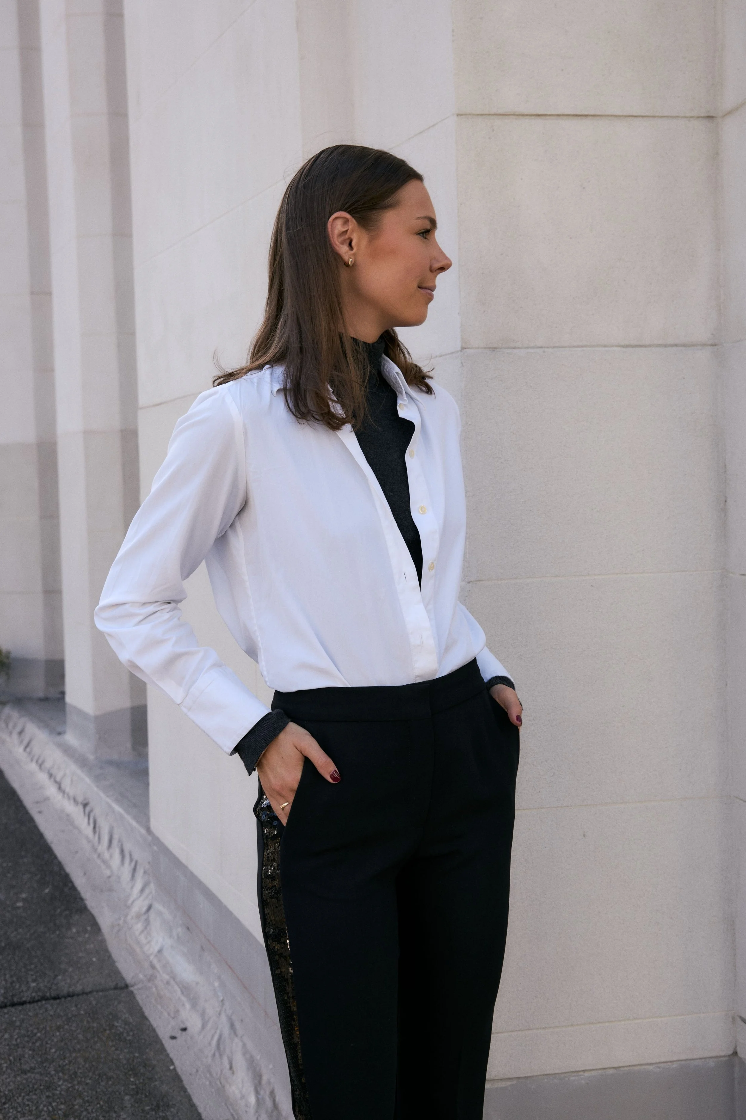 Timeless luxury wardrobe styling by Maia Stewart featuring refined tailoring and neutral tones.