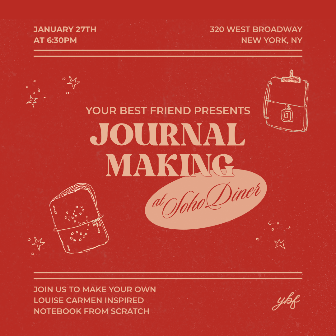 Red flyer for a journal making event at Soho Diner on January 27th at 6:30 pm, featuring illustrations of a backpack and a notebook, with additional event details.