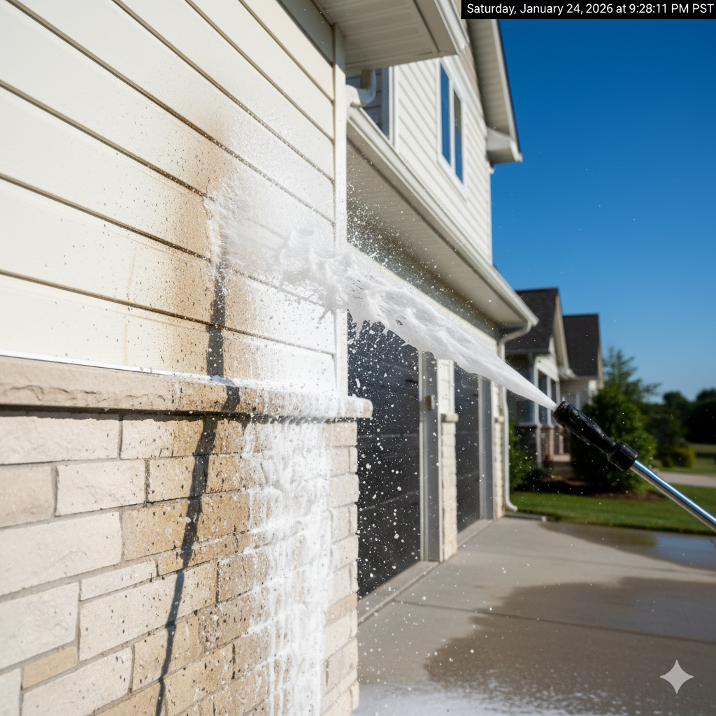 Power washer spraying water on the exterior of a house, cleaning the brick wall on a sunny day.