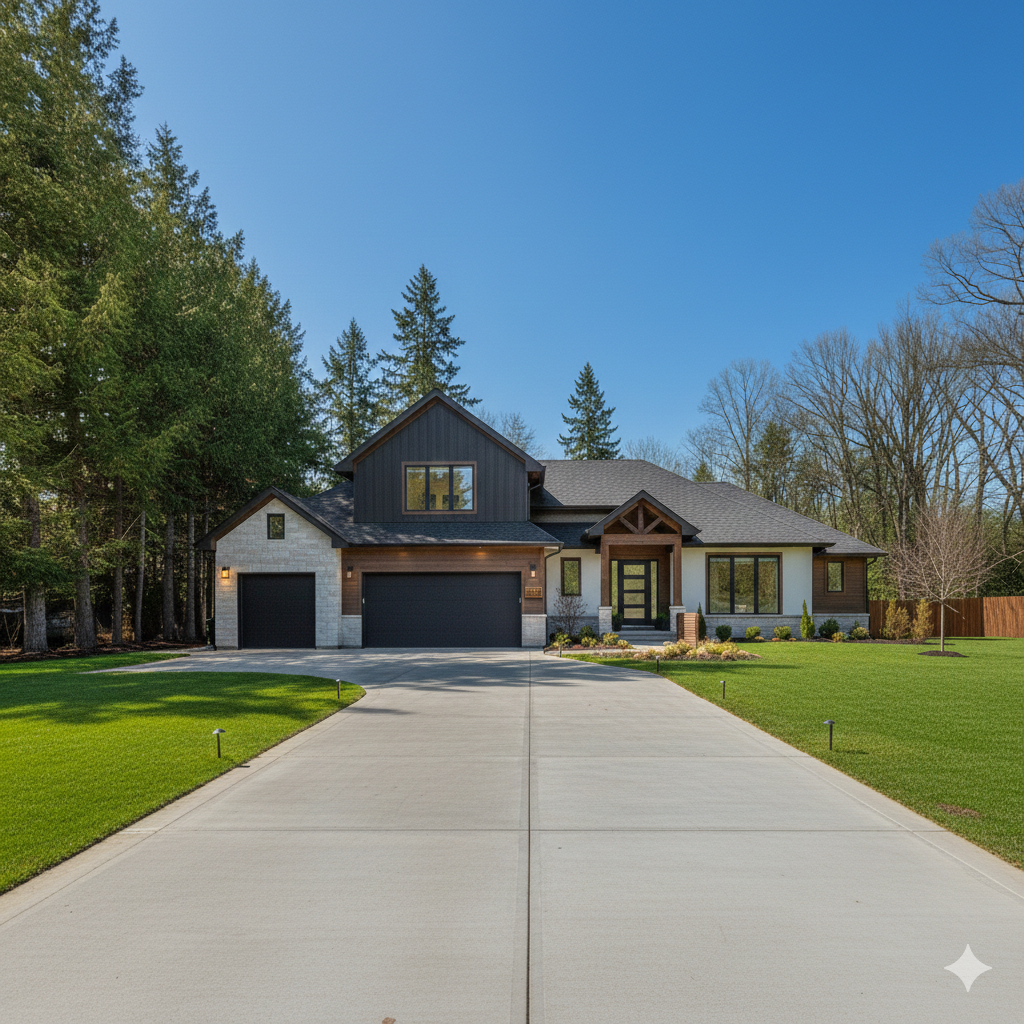 Modern house with a concrete driveway, surrounded by green lawn and trees, under a clear blue sky.