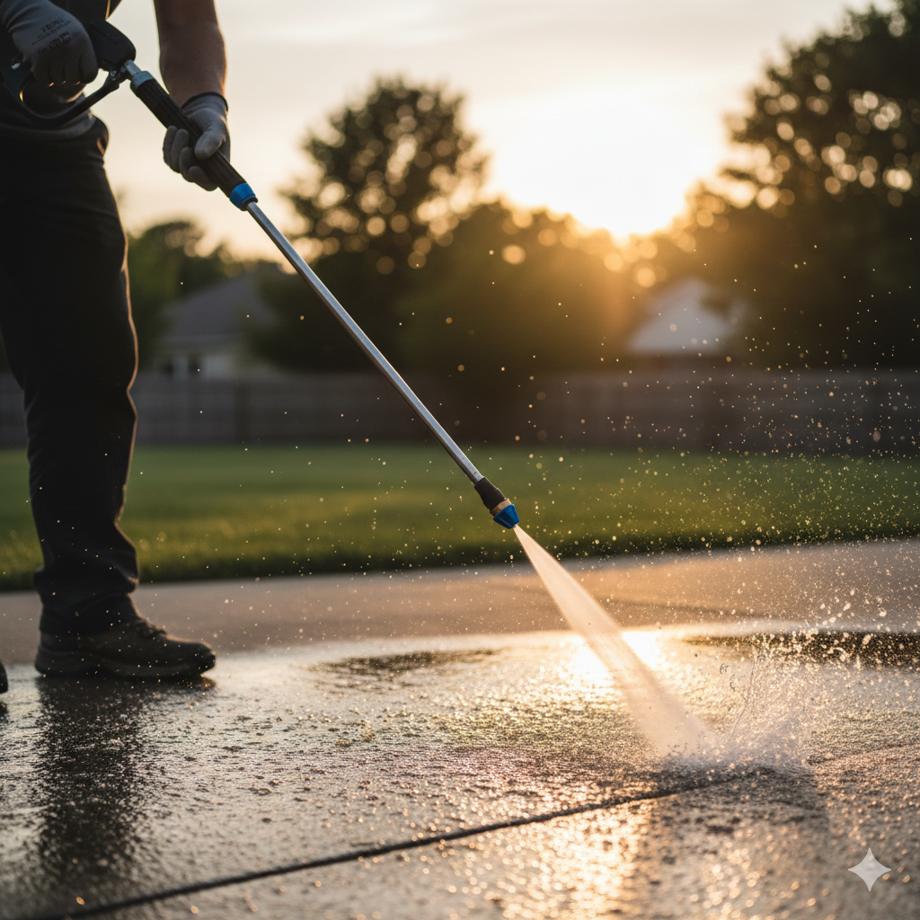 Person cleaning a concrete driveway with a hose at sunset.
