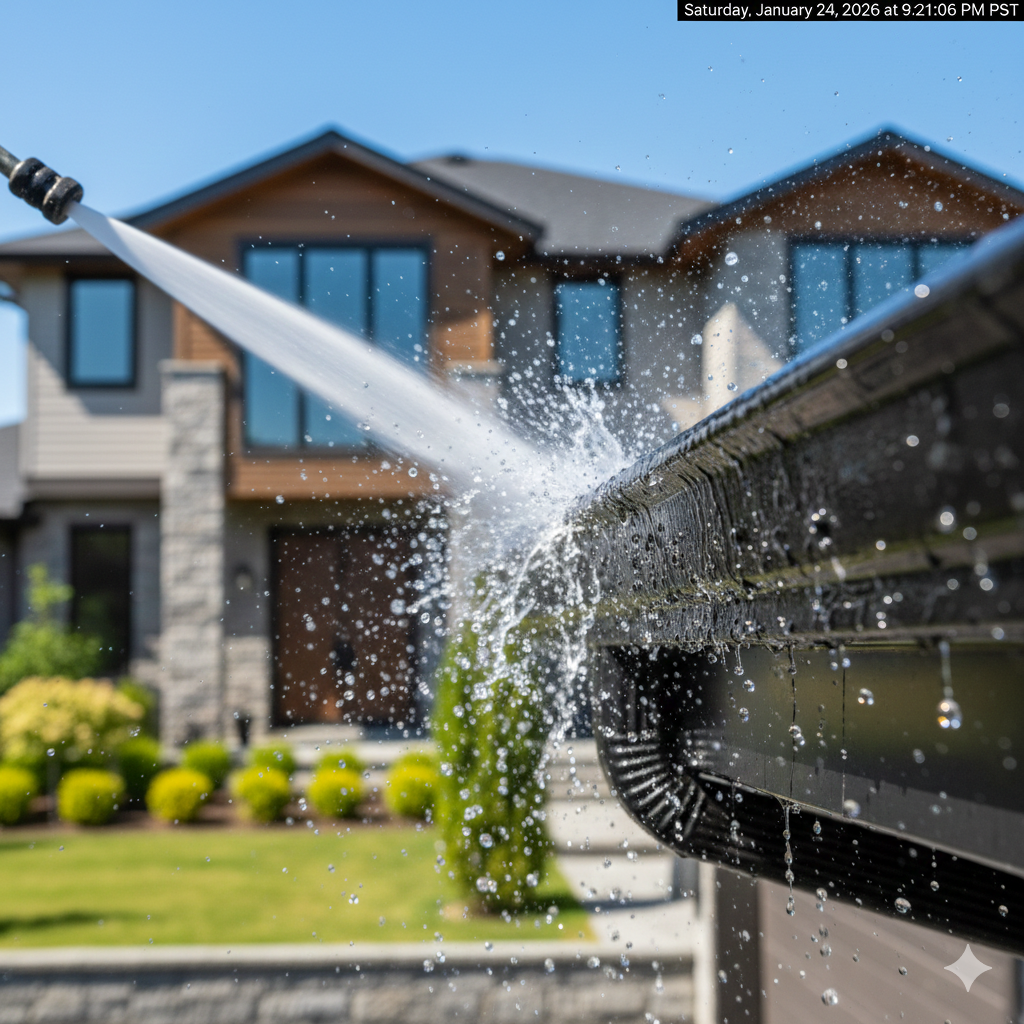 Close-up of water spraying from a garden hose onto a house with a lawn and bushes in the background.