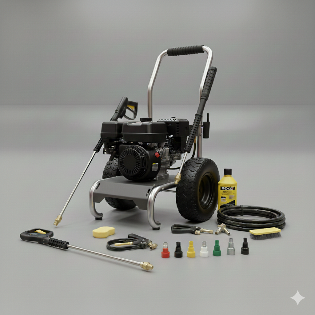 Pressure washer with various nozzles, brush, soap bottle, cables, and spray gun accessories arranged on a flat surface.