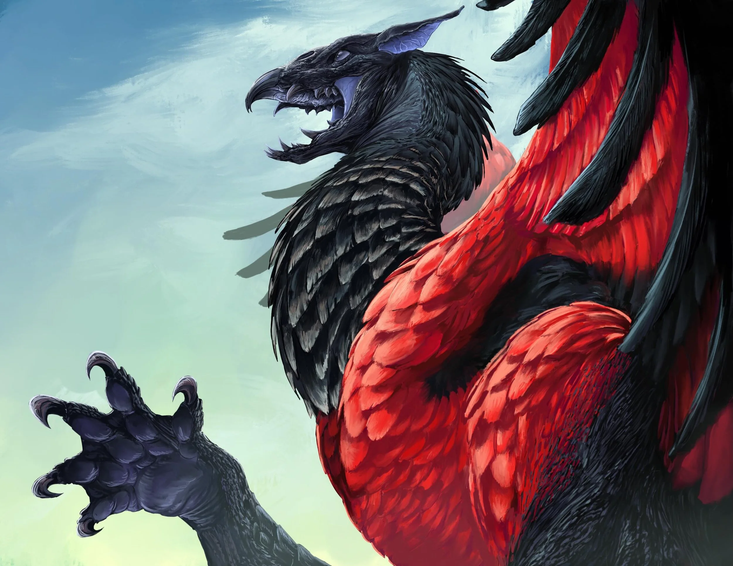 Blood griffin, based on dracula parrots 🩸

#art #conceptart #creaturedesign #fantasyart #dragon