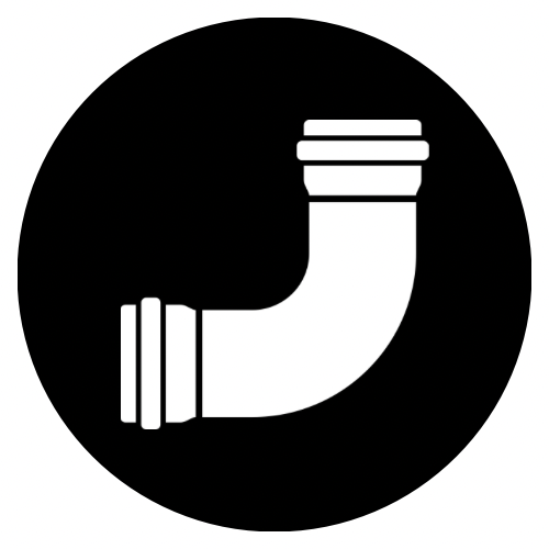 Black and white icon of a plumbing pipe fitting with a 90-degree turn.
