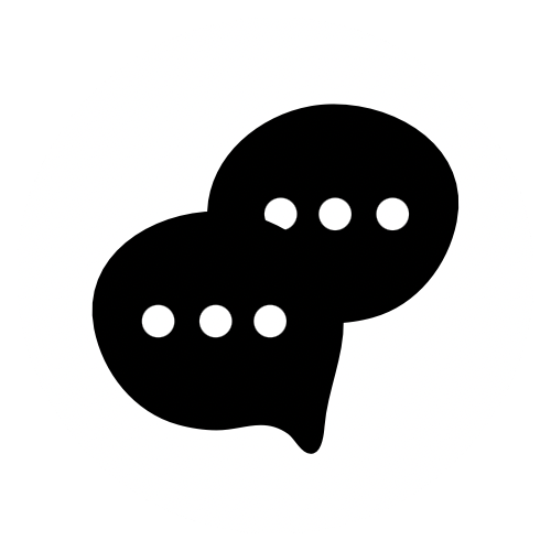 Black speech bubble icon with white dots, representing conversation or messaging.
