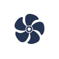 Icon of a stylized fan or propeller with five curved blades inside a circular border.