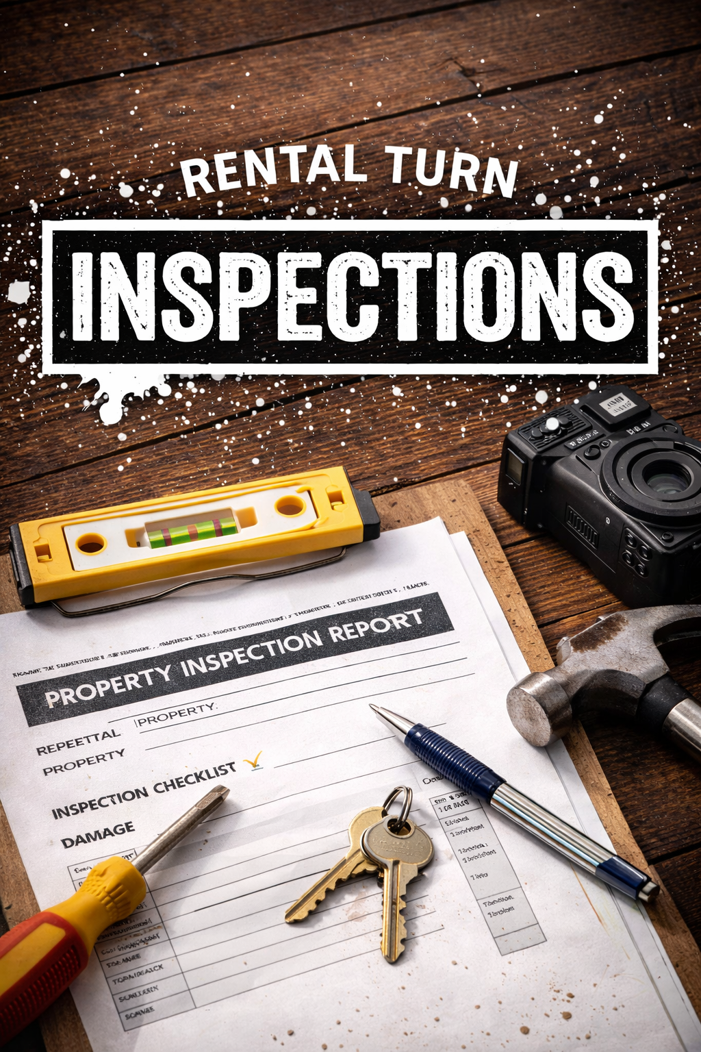A property inspection report on a clipboard with a pen, keys, a hammer, a spirit level, a camera, and a screwdriver on a wooden surface, with text "Rental Turn Inspections" above.