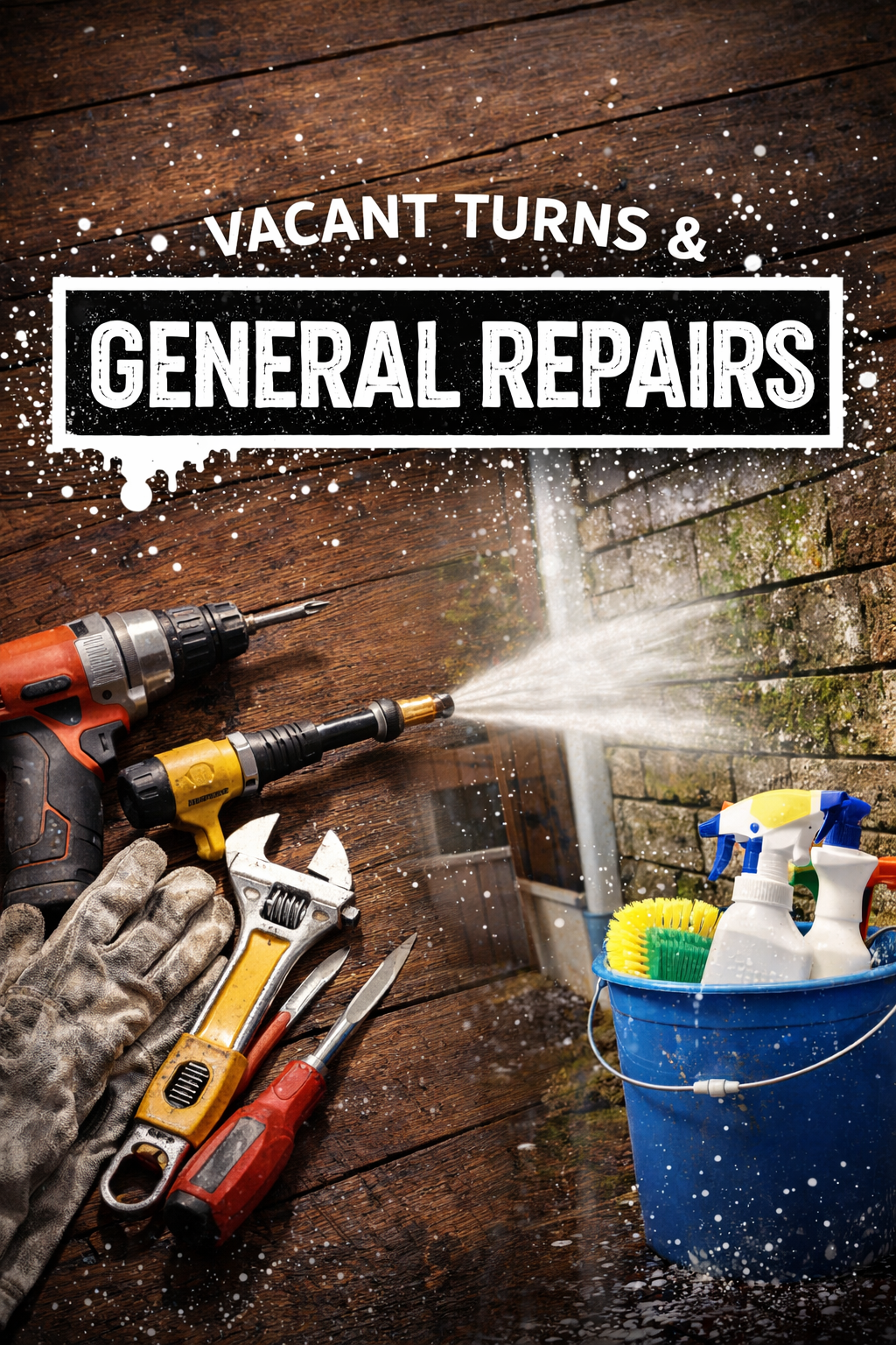 A collection of tools including a power drill, wrench, screwdrivers, and gloves on a wooden surface, with a bucket of spray bottles and cleaning brushes nearby, and the text 'Vacant Turns & General Repairs' over a distressed wood background.