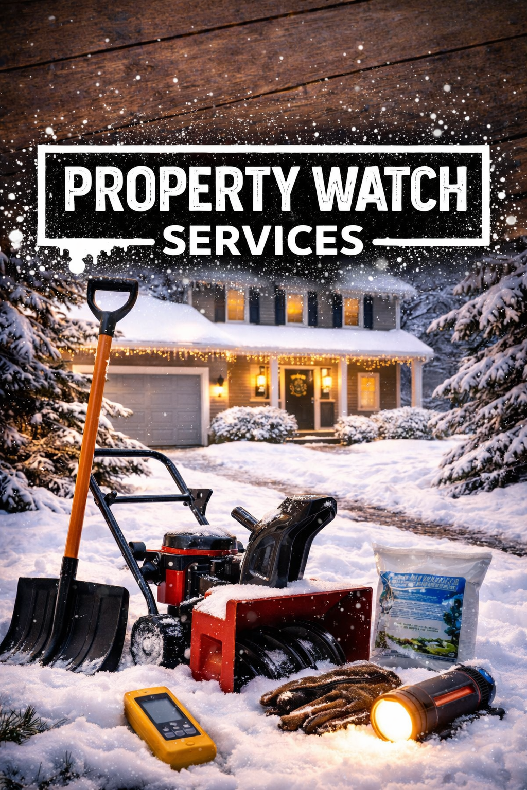 Snow-covered yard with snow removal equipment including a snow blower, shovel, gloves, flashlight, and a bag of salt, in front of a lit house during winter night.