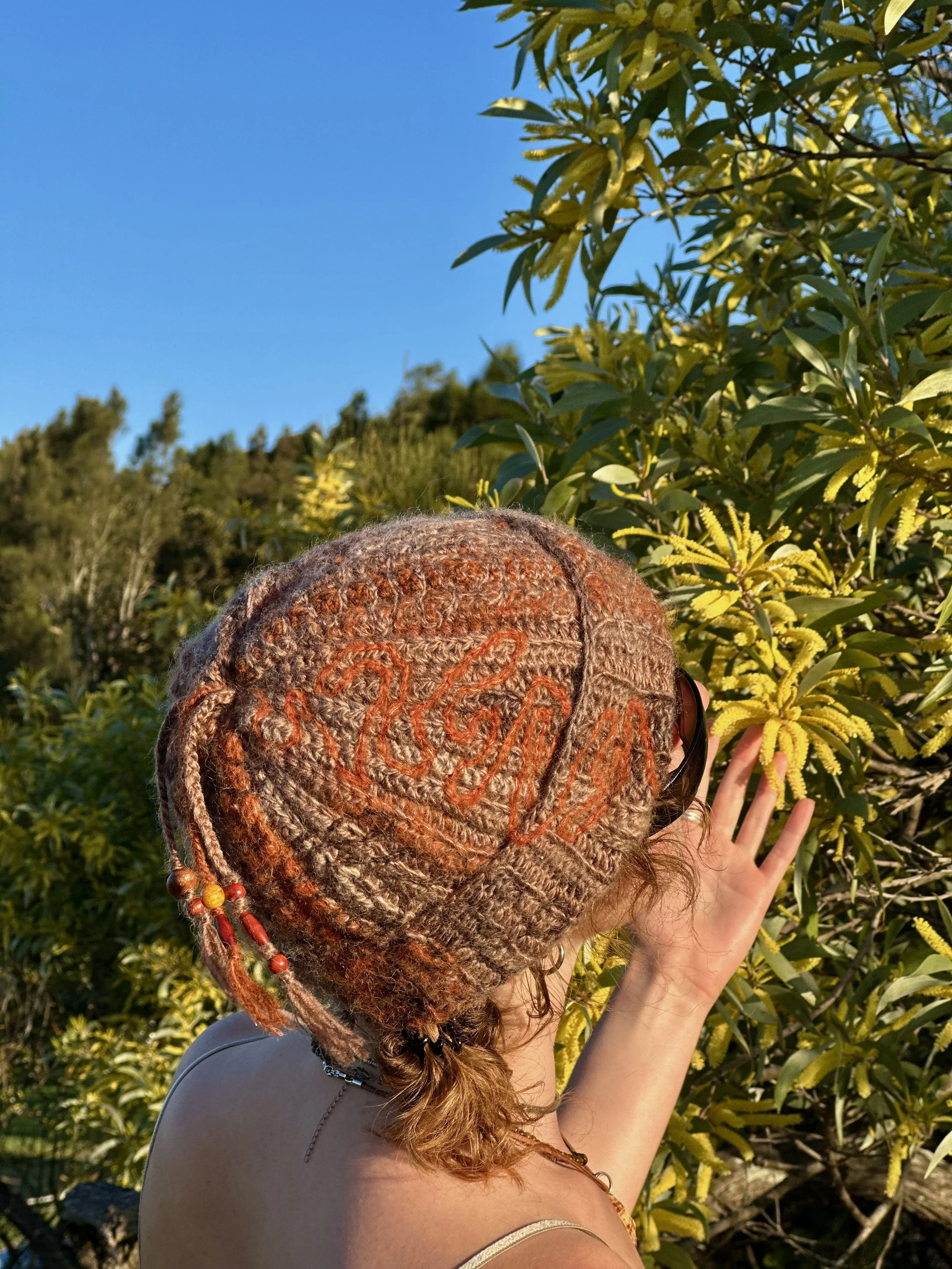 Freehand beanie inspired by Scribbly Gum trees