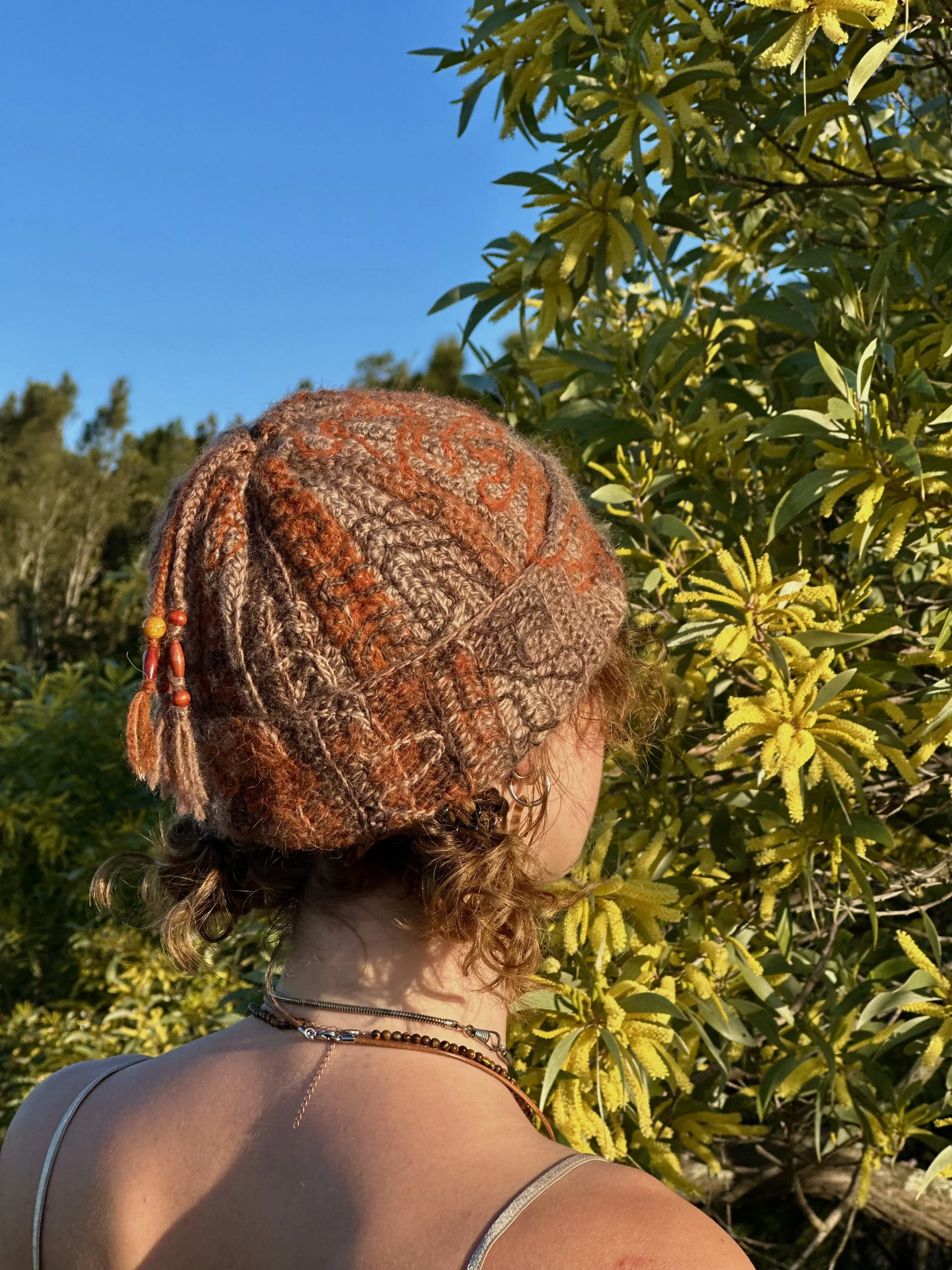Freehand beanie inspired by Scribbly Gum trees