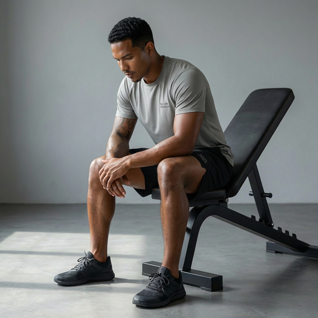 A man sitting on a black workout bench with his head bowed, wearing a gray T-shirt, black shorts, and black sneakers, in a minimalistic room.