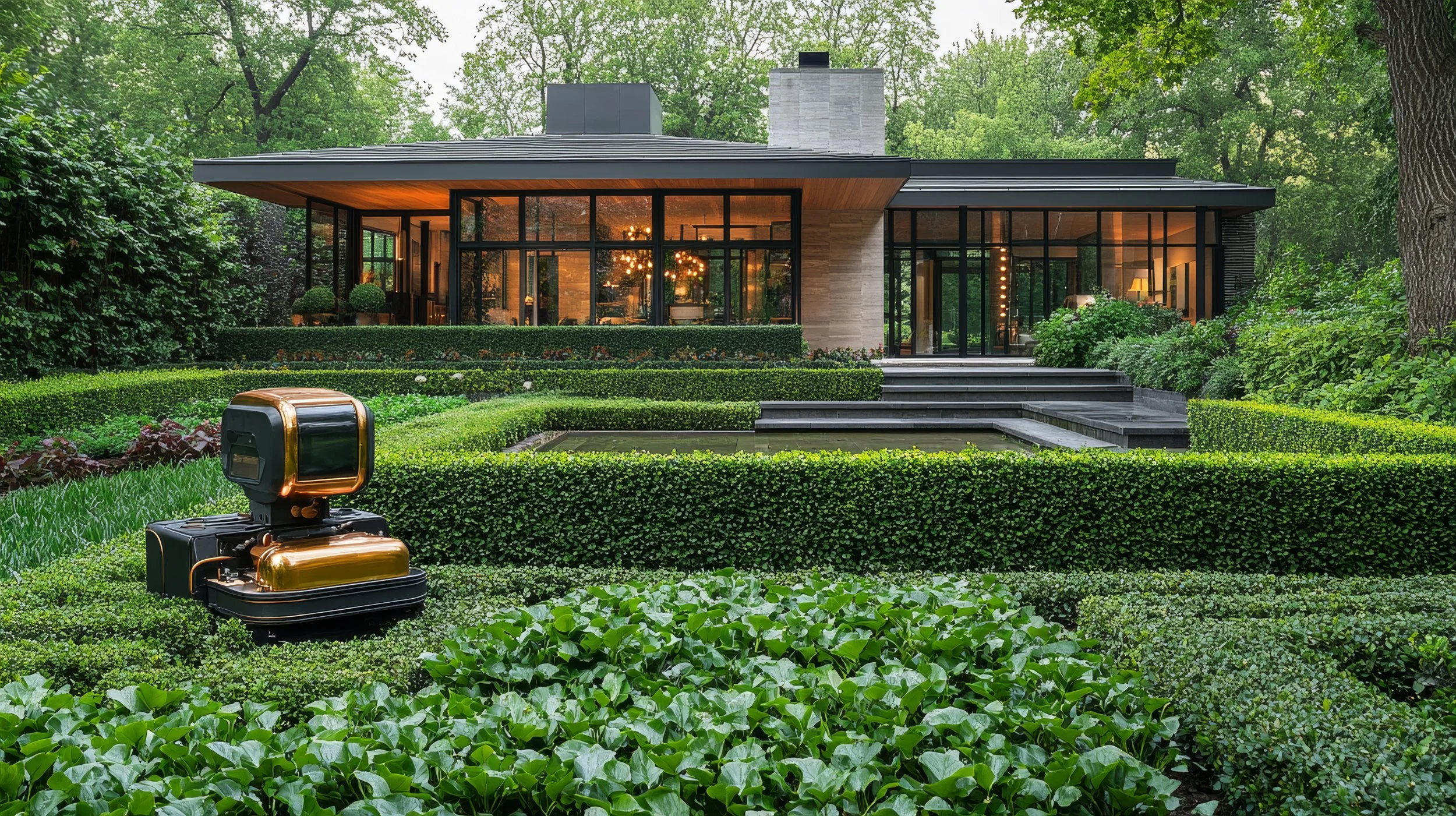 Modern house with large glass windows surrounded by lush green garden, with a small pond, stairs, and a lawn mower in the foreground.