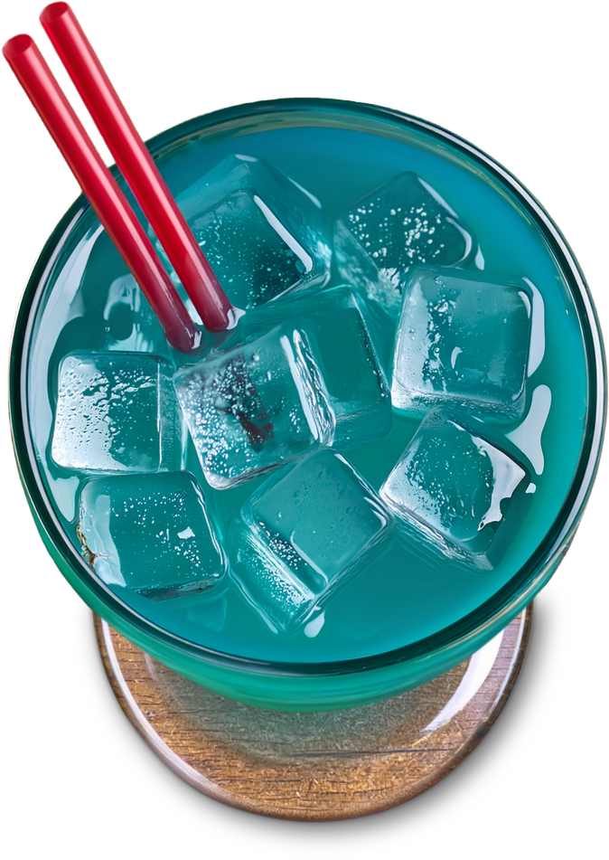 A glass of blue-colored cocktail with ice cubes and two red and purple striped straws.