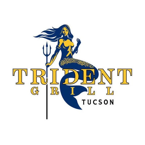 Logo for Trident Grill with a mermaid holding a trident, featuring the words 'Trident Grill Tucson' in gold and navy colors.