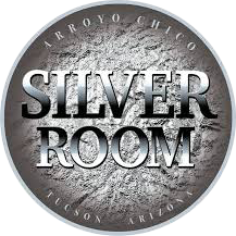 Silver Room logo with metallic background and circular text