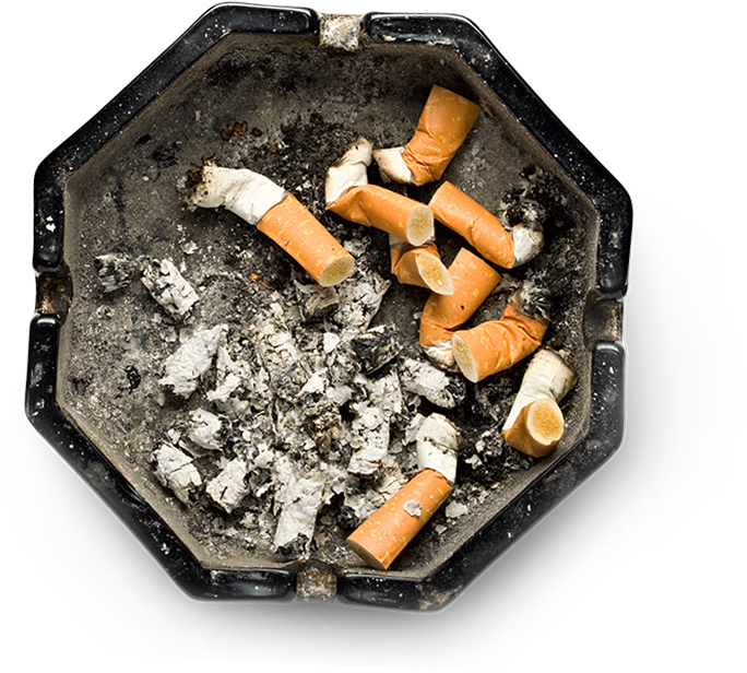 Ashtray with cigarette butts and ashes inside.