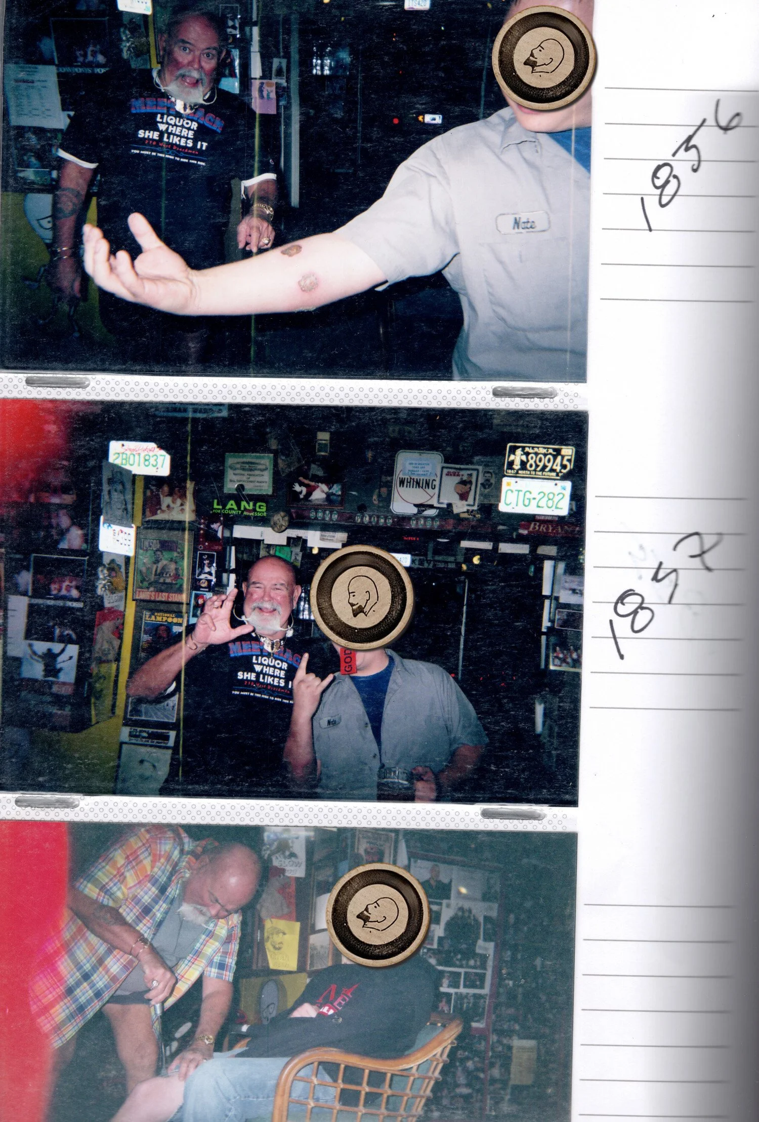Three photos taped to a white surface, depicting men with beards and tattoos in a bar with various decorations and memorabilia, making gestures and posing for the camera.