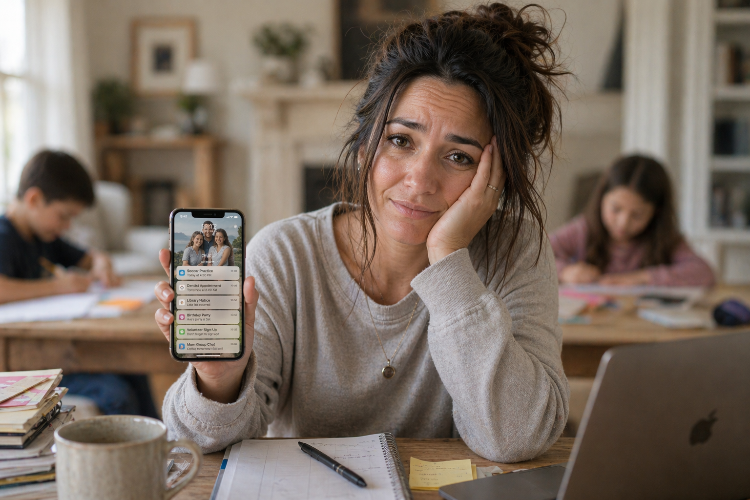 Tired homeschool mom managing family tasks on her phone with notifications and reminders while children study behind her