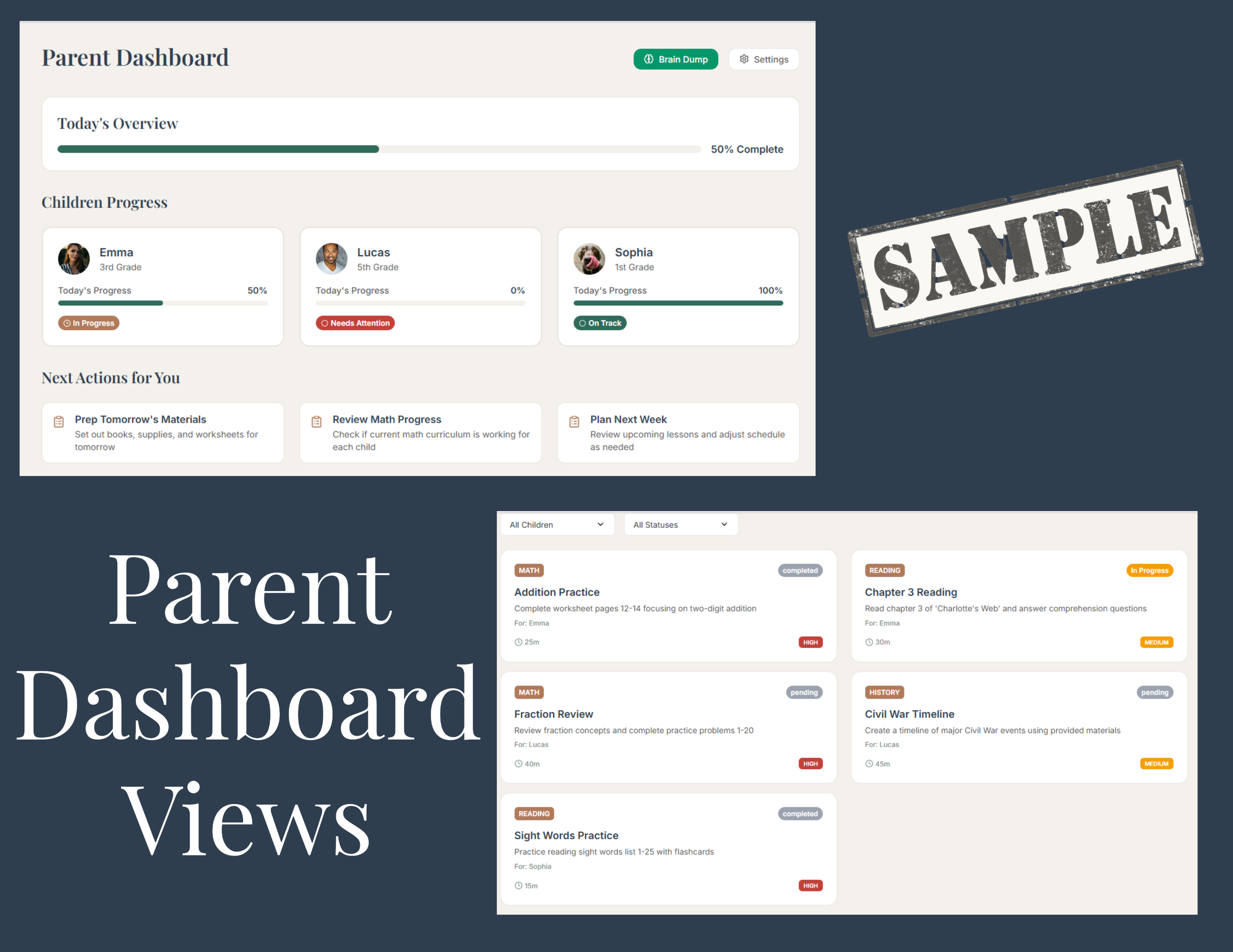 Screenshot of a parent dashboard interface with progress overview, children’s progress, and upcoming actions, overlaid with the text 'Parent Dashboard Views'.