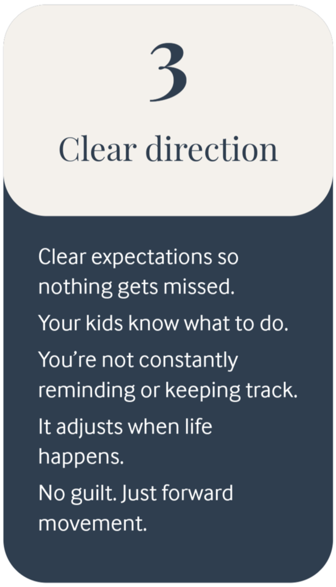 Number 3 and the phrase 'Clear direction'. Text explaining the importance of clear expectations for children and the idea of moving forward without guilt.