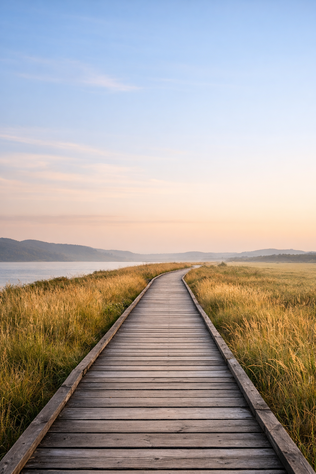 A wooden boardwalk winding through a grassy field near a river with mountains in the distance, under a clear sky at sunset or sunrise.