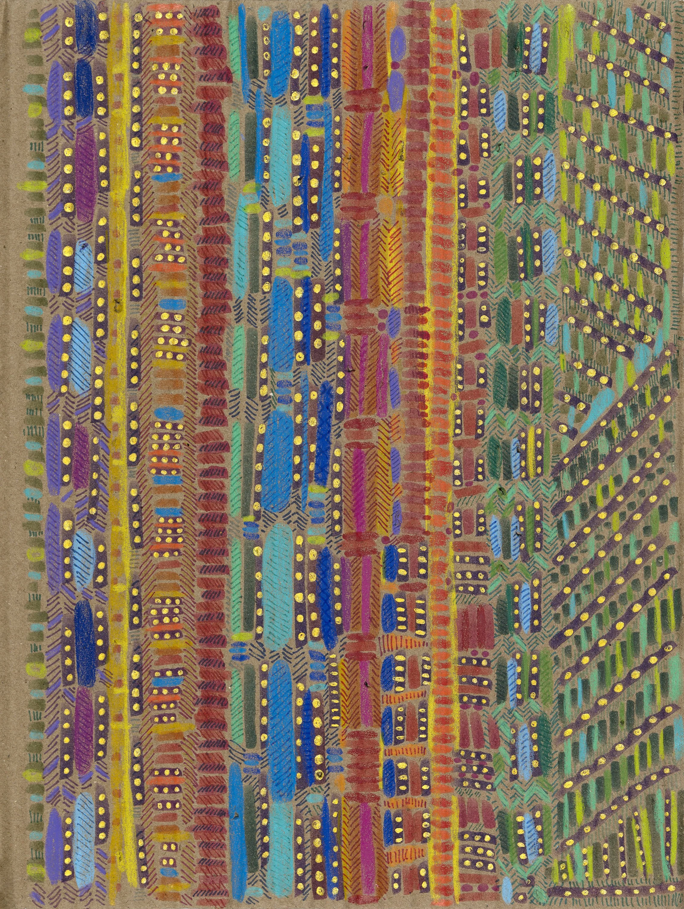Colored pencil, pen and gold ink on recycled cardboard, 2022