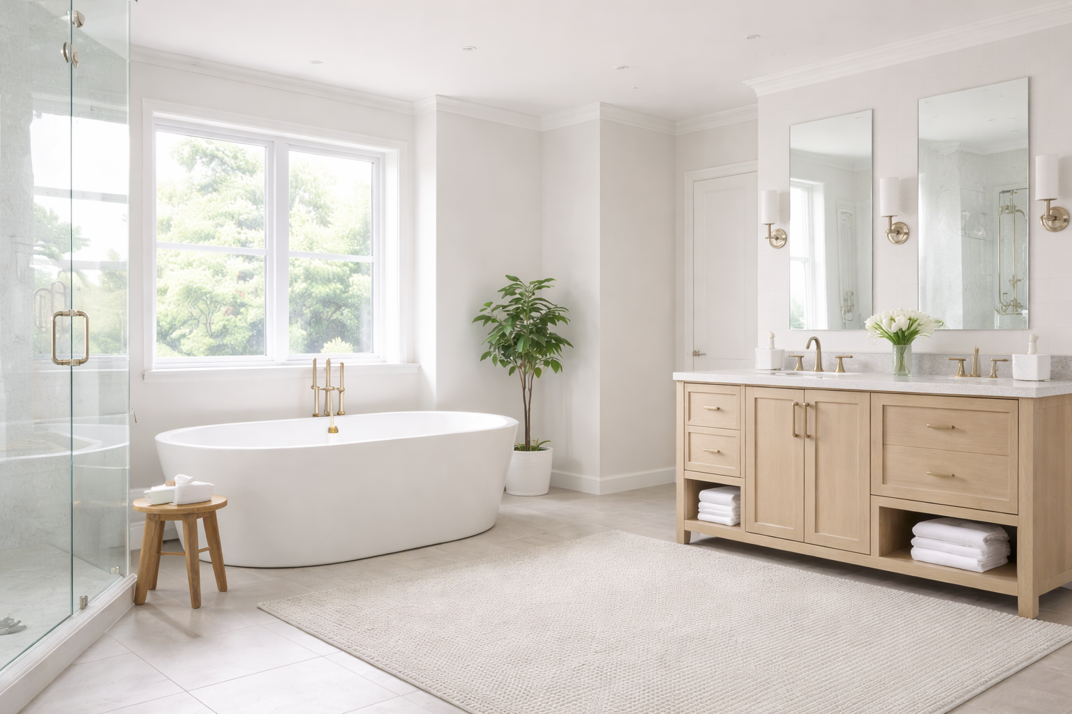 Bright bathroom with a freestanding bathtub near a window, a vanity with two mirrors, and a potted plant.