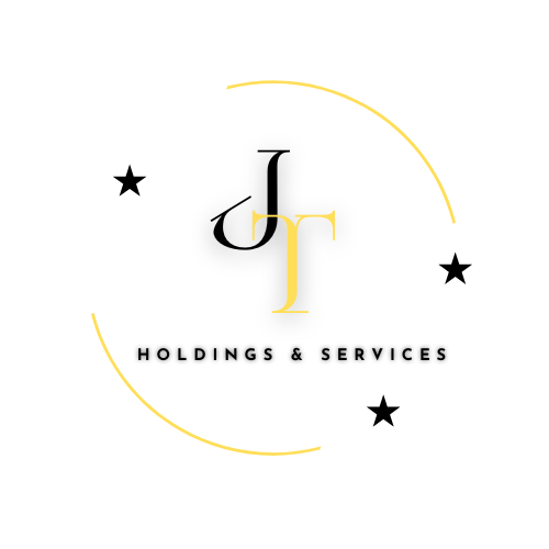 Logo for JTL Holdings & Services featuring black and yellow initials 'J' and 'T', with black stars and curved yellow lines on a white background.