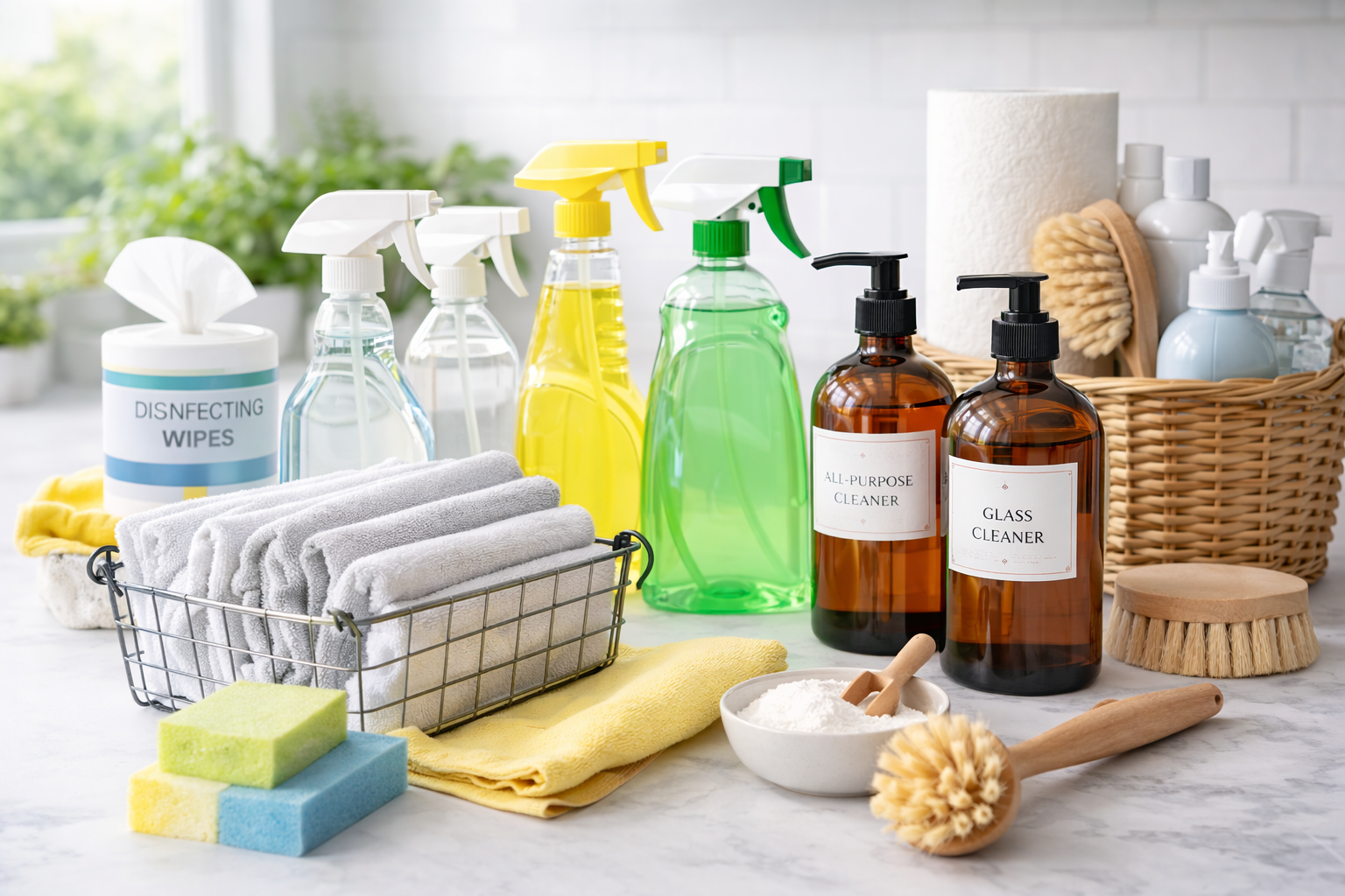 A variety of cleaning supplies and tools, including spray bottles, disinfecting wipes, sponges, towels, brushes, and cleaning liquids in bottles, arranged on a marble countertop with a woven basket and a roll of paper towels in the background.