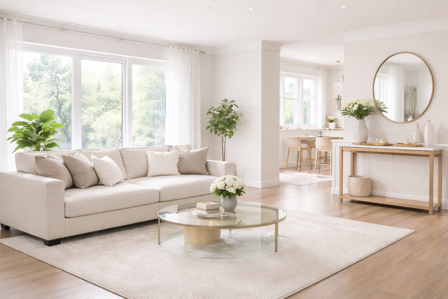 Bright living room with large windows, white sofa with neutral pillows, glass coffee table, and decorative plants. Light-colored wooden floors and minimalistic decor create a airy atmosphere.