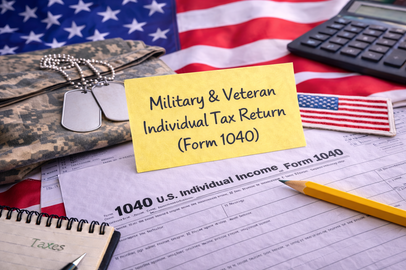U.S. military and veteran tax return documents, including a 1040 form, yellow note about military and veteran tax return, dog tags, a camo cloth, an American flag background, and a calculator.