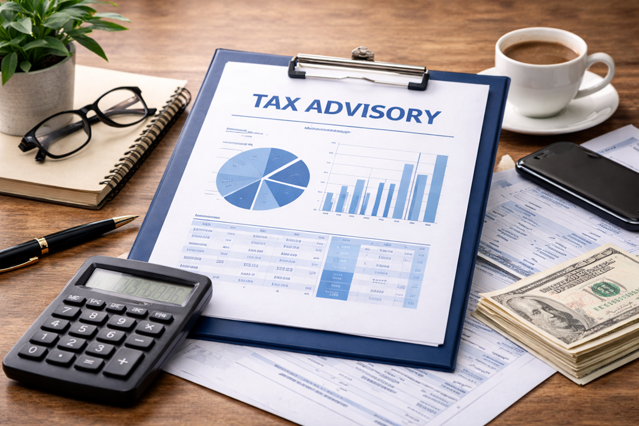 A workspace with a tax advisory report on a clipboard, a calculator, a smartphone, a cup of coffee, a notebook with glasses, a pile of cash, and some documents on a wooden desk.