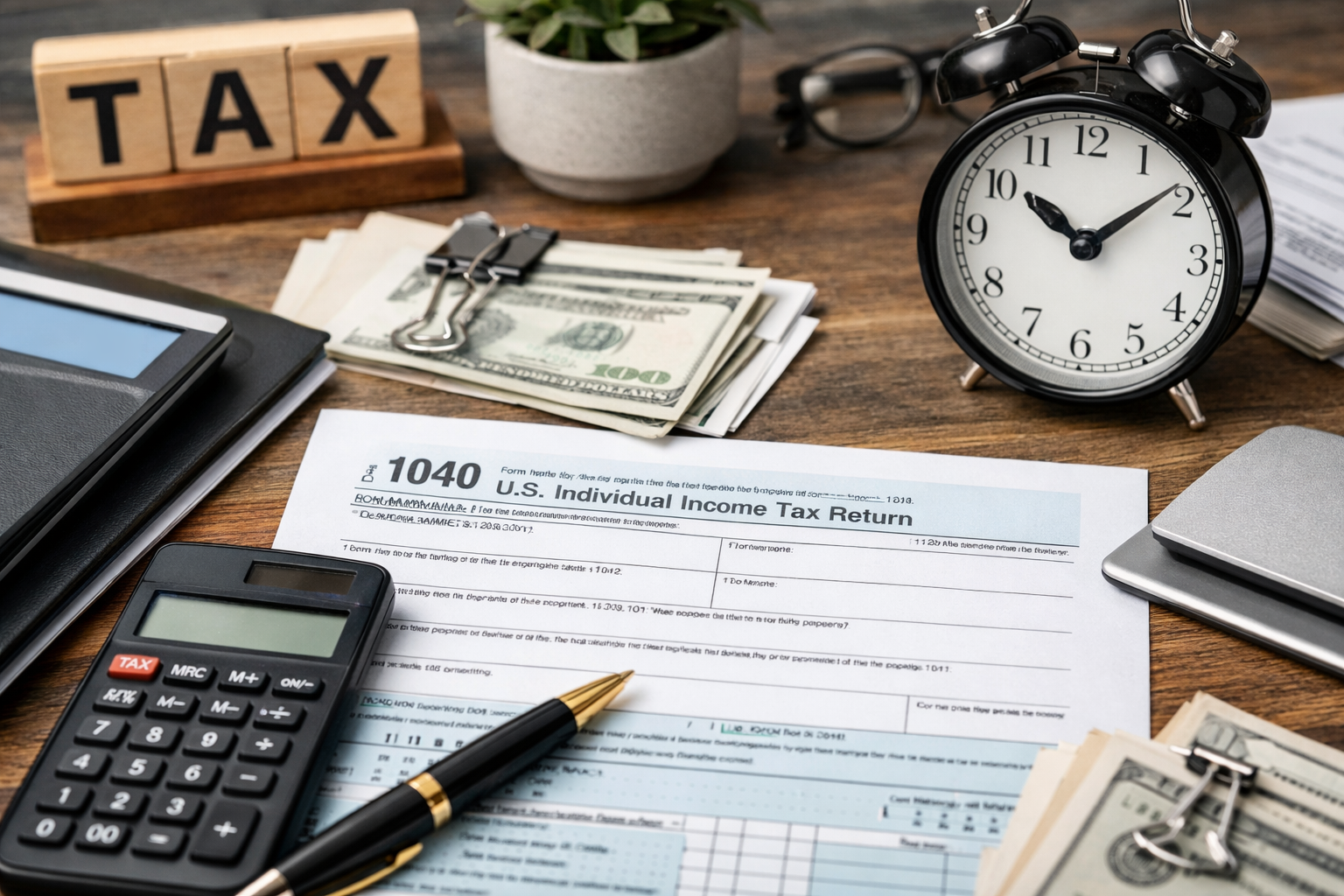 A desk with financial documents, a calculator and a pen. IRS form 1040 on the tax preparers desk.