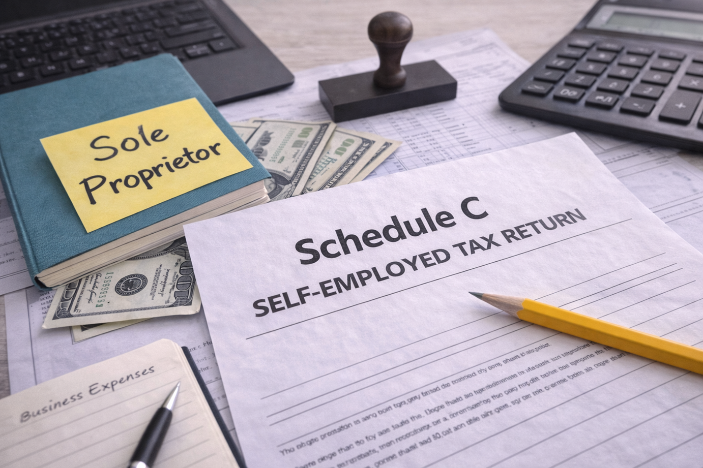 A desk with financial documents, a yellow pencil, a book labeled 'Sole Proprietor,' cash, and a form titled 'Schedule C Self-Employed Tax Return.'