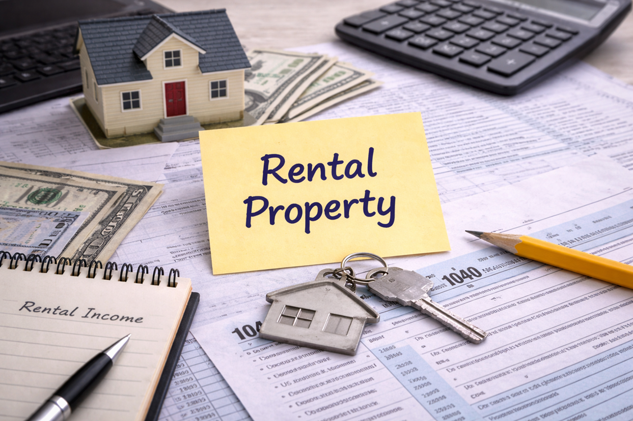 A miniature house, cash, a calculator, and rental documents on a desk with a sticky note reading 'Rental Property'.