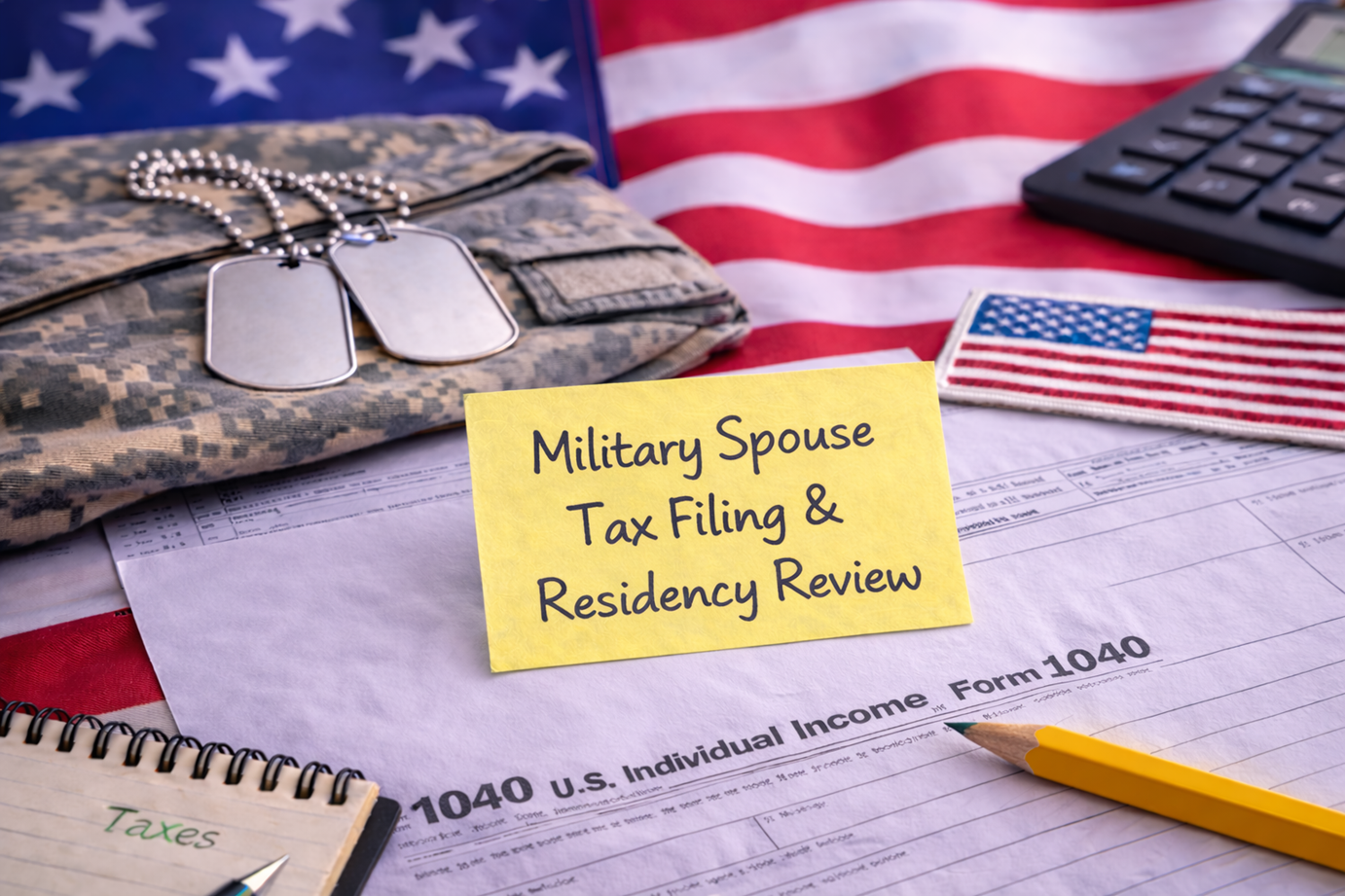 A desk setup with military-themed items and American flags, including dog tags on camouflage clothing, a yellow note that says 'Military Spouse Tax Filing & Residency Review', an IRS tax form 1040, a small American flag patch, a calculator, and a notebook labeled 'Taxes'.