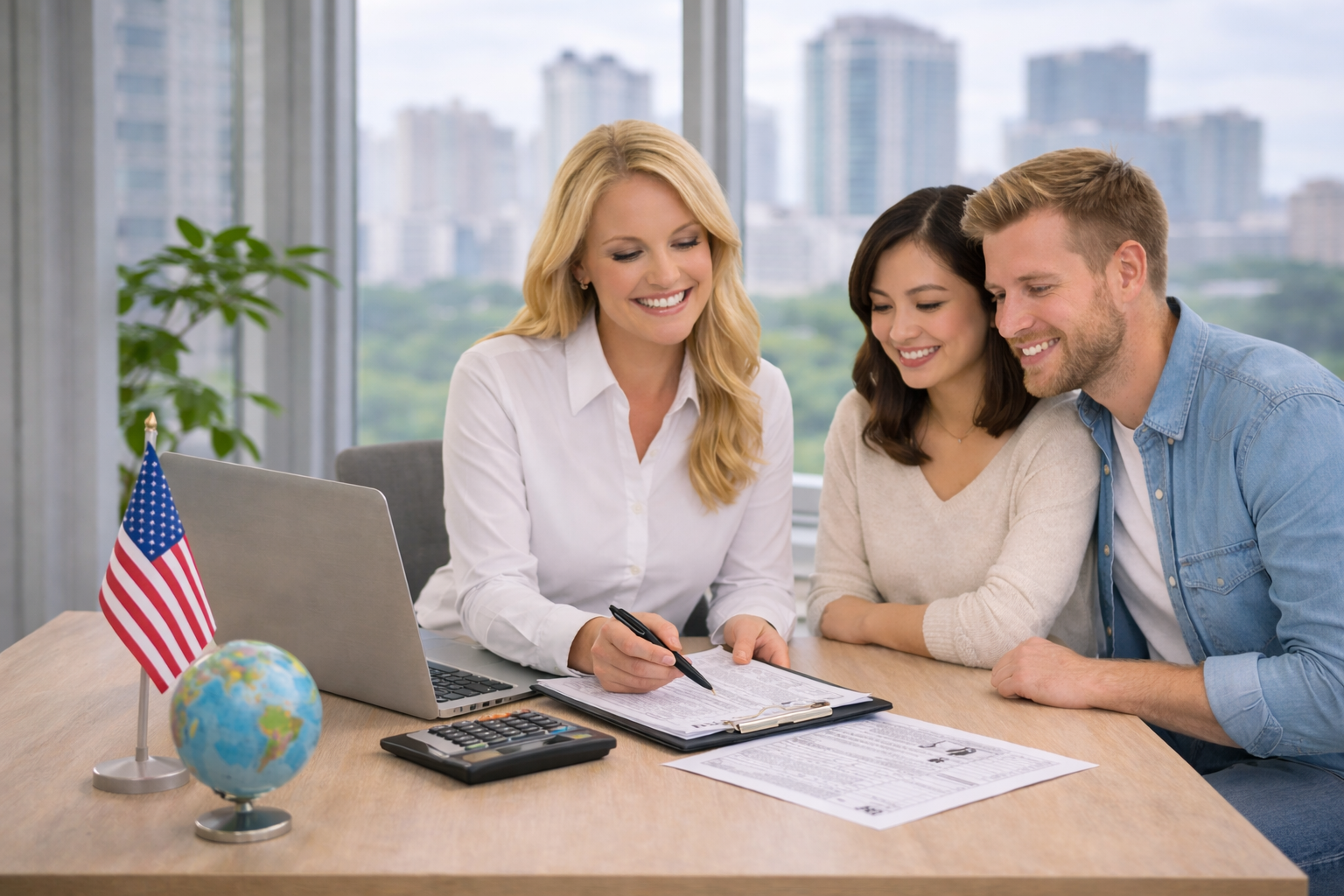 Three people sitting at a desk in an office, looking at documents and smiling, with a woman pointing at the papers, a laptop, an American flag, and a small globe on the desk, with large windows and a cityscape background.