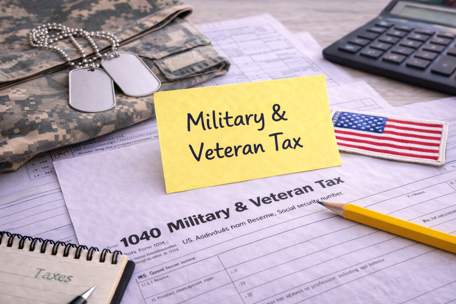 Military and veteran tax paperwork with dog tags, an American flag patch, a calculator, and a yellow sticky note that says 'Military & Veteran Tax'.