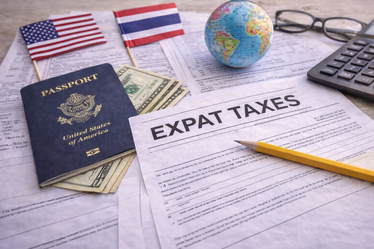 A desk with materials related to expatriate taxes, including a passport, US dollars, a small American flag, a small Thai flag, a globe, a pair of glasses, a calculator, and tax documents labeled 'Expat Taxes'.