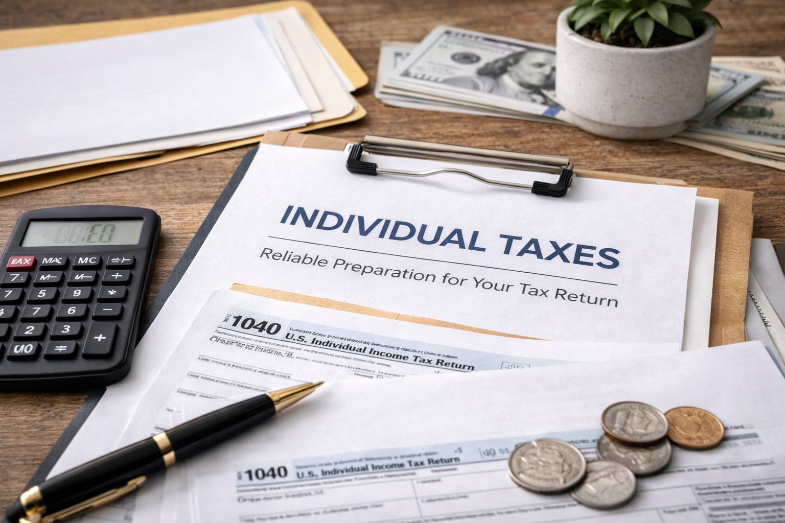 A desk with an individual taxes form, a pen, a calculator, a stack of dollar bills, a potted plant, and some coins.