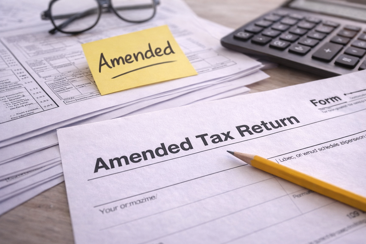 A completed amended tax return form on a desk with a yellow pencil, an asterisk marked sticky note with the word 'Amended', a calculator, papers, and eyeglasses.