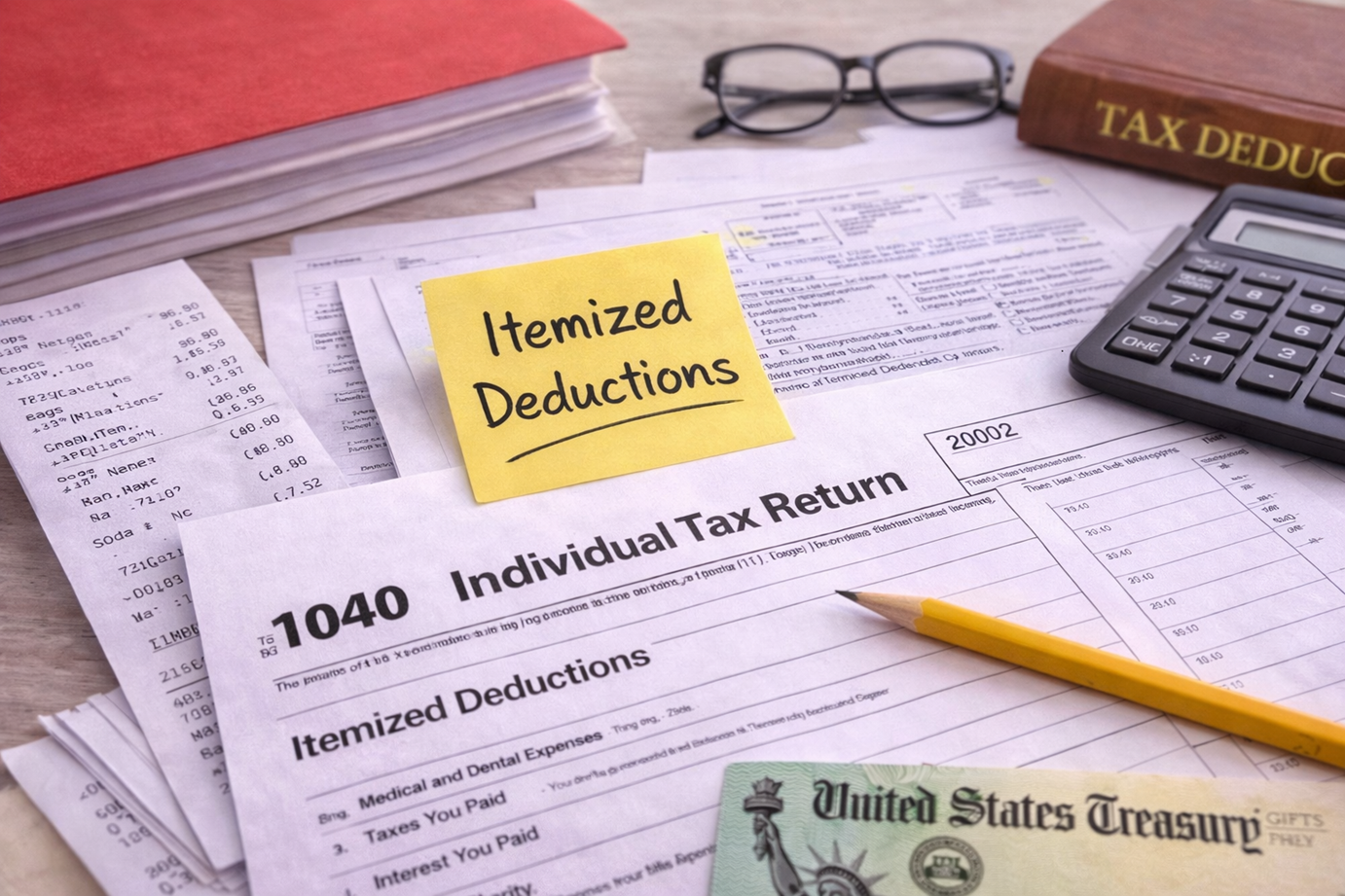 A cluttered desk with tax documents, a yellow sticky note that reads 'Itemized Deductions', a calculator, a pair of glasses, a red folder, a hardcover book titled 'Tax Deductions', and a U.S. Treasury bill.