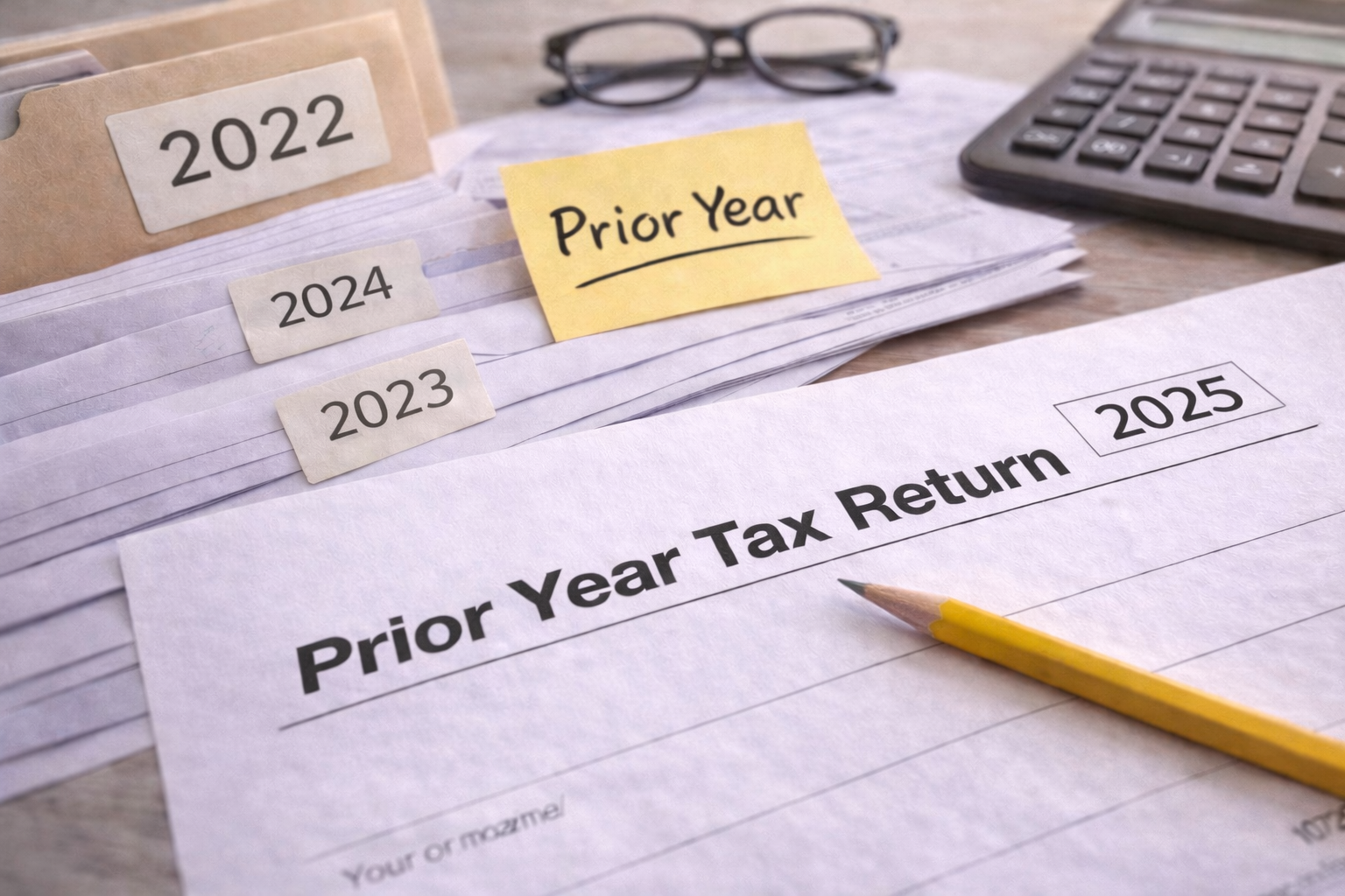 A desk with a prior year tax return form for 2025, labeled as prior year, along with folders labeled 2022, 2023, and 2024, a pair of eyeglasses, a calculator, and a yellow pencil.