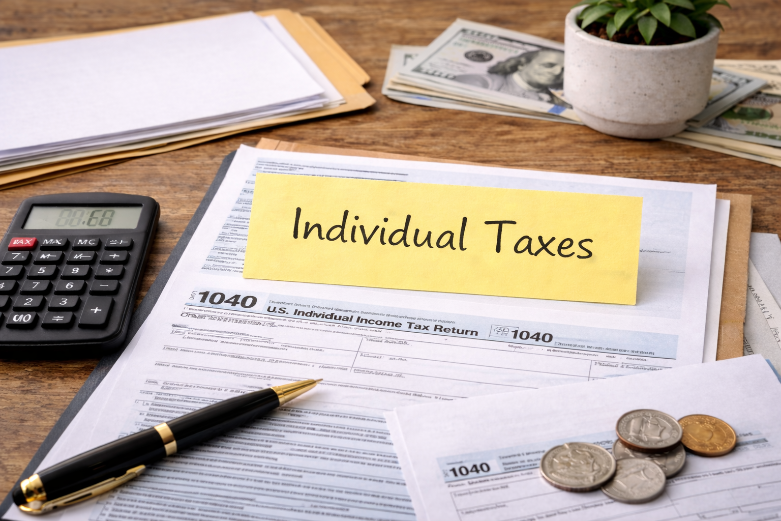 A desk with a 1040 U.S. individual income tax return form, a yellow sticky note reading 'Individual Taxes', a calculator, a pen, coins, and papers, with a small potted plant in the background.