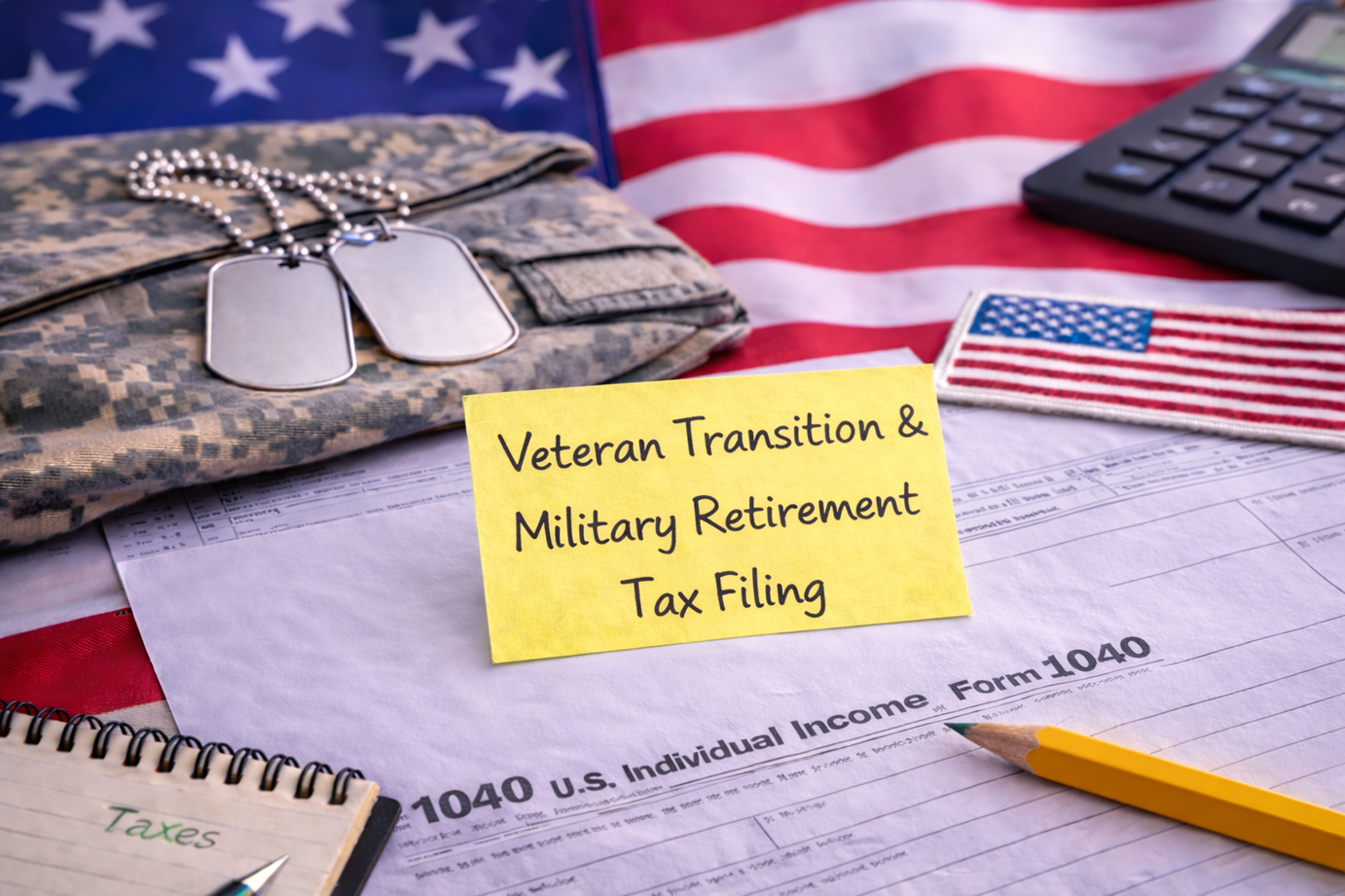 A table with a yellow note that says 'Veteran Transition & Military Retirement Tax Filing,' military dog tags, a camouflage military cap, a small American flag patch, a calculator, and a tax form labeled '1040 U.S. Individual Income' with a yellow pencil on it, with an American flag in the background.
