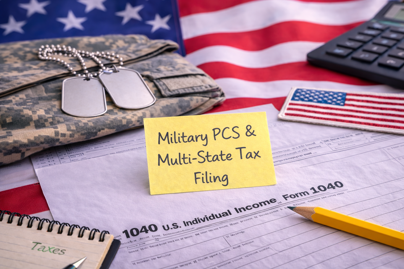 A U.S. tax form 1040 with a yellow sticky note that reads 'Military PCS & Multi-State Tax Filing,' a camouflage military uniform, dog tags, American flags, a calculator, a small American flag patch, and a pencil on a table with a red, white, and blue American flag background.