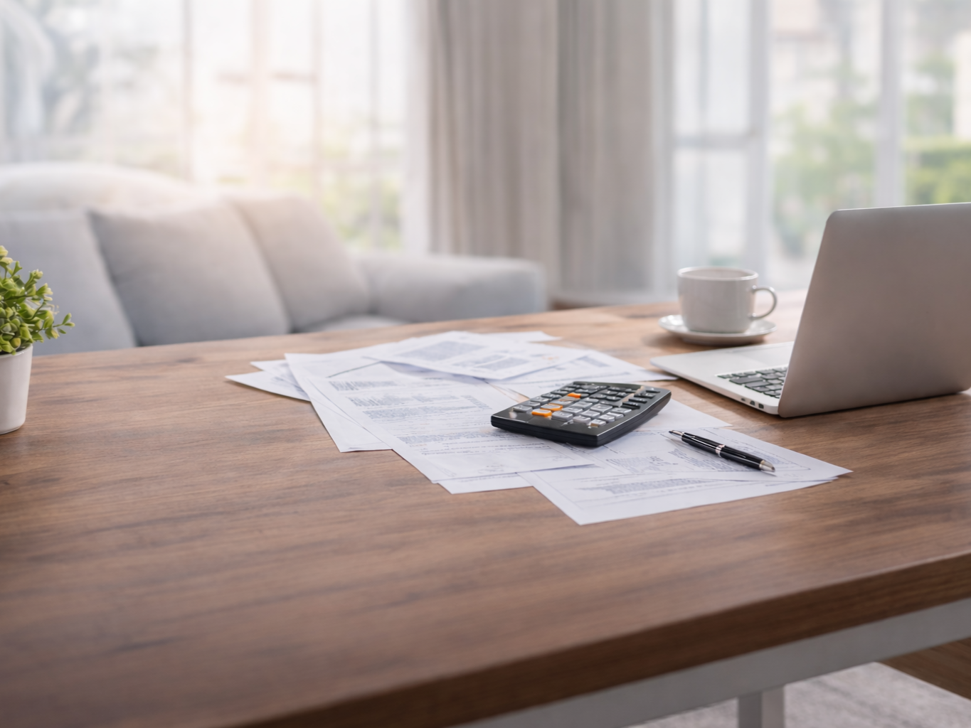 Tax preparer desk with taxes with a pen and calculator next to their laptop. IRS tax documents on a desk.